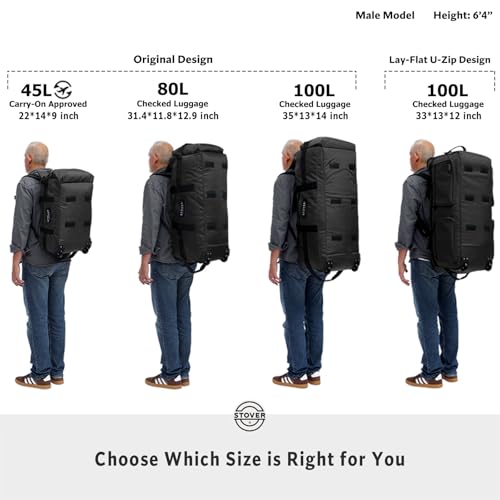 STOVER 45/80/100L Rolling Duffel Bag with Wheels, X-Large Durable Travel Duffle + Toiletry Bag, Heavy Duty, Packable with Shoulder Straps- Use as Luggage or Backpack, Men/Women (Green) - color: Green