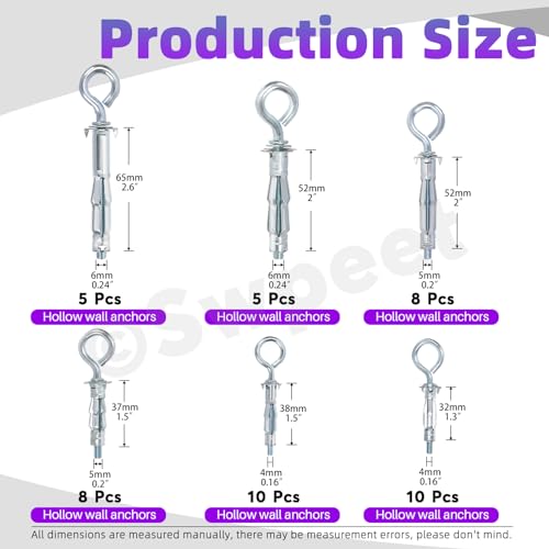 Swpeet 46Pcs M4x32mm M4x38mm M5x37mm M5x52mm M6x52mm M6x65mm O-Shape Heavy Duty Hollow Wall Anchor Set, Hollow Drive Wall Anchor Screws Assortment Kit for Drywall Hollow Wall Plaster Walls