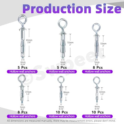 Swpeet 46Pcs M4x32mm M4x38mm M5x37mm M5x52mm M6x52mm M6x65mm O-Shape Heavy Duty Hollow Wall Anchor Set, Hollow Drive Wall Anchor Screws Assortment Kit for Drywall Hollow Wall Plaster Walls