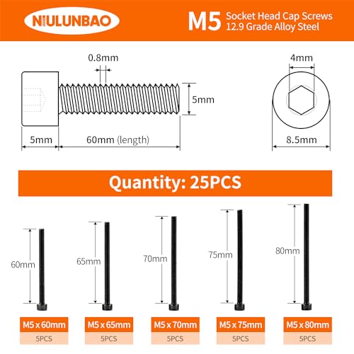M5 x 60mm 65mm 70mm 75mm 80mm Hex Socket Head Cap Screws Bolts, 12.9 Grade Alloy Steel, Black Oxide Finish, Allen Socket Drive, Metric Machine Fully Threaded, Assortment Kit 25PCS - size: M5 x 60/65/70/75/80mm (25PCS)