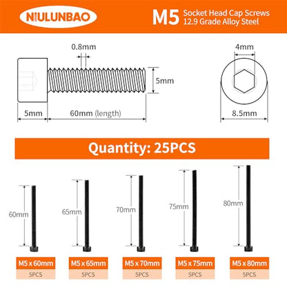 M5 x 60mm 65mm 70mm 75mm 80mm Hex Socket Head Cap Screws Bolts, 12.9 Grade Alloy Steel, Black Oxide Finish, Allen Socket Drive, Metric Machine Fully Threaded, Assortment Kit 25PCS - size: M5 x 60/65/70/75/80mm (25PCS)