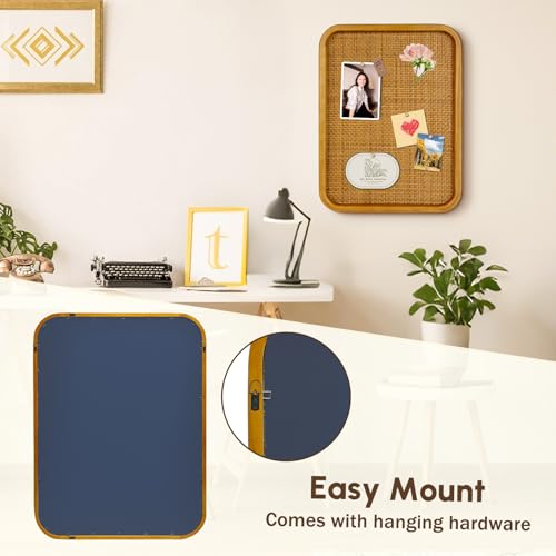 13" x 17" Bulletin Board, Round-Edged Rectangle Rattan Corkboard, Wooden Frame Boho Style Wall Organizer,3343Teng - size: 13*17 inch