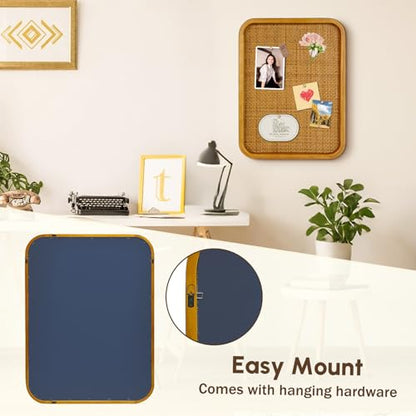 13" x 17" Bulletin Board, Round-Edged Rectangle Rattan Corkboard, Wooden Frame Boho Style Wall Organizer,3343Teng - size: 13*17 inch