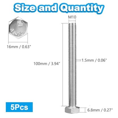 5 Pcs M10 Hex Bolts M10-1.5 x 100mm Hex Head Screw Bolt 304 Stainless Steel M10-1.5mm Hexagon Bolts Hex Head Screws, Metric Machine Fully Thread, Bright Finish - size: M10 -1.5x 100mm