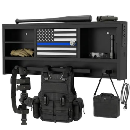 Police Gear Rack with Built-in Power Strip, Tactical Gear Organizer Stand for Duty Belt, Police Vest, Body Armor, Plate Carrier, Helmet Storage, Heavy Duty Gear Rack - size: Wall Mounted w/Combination Lock