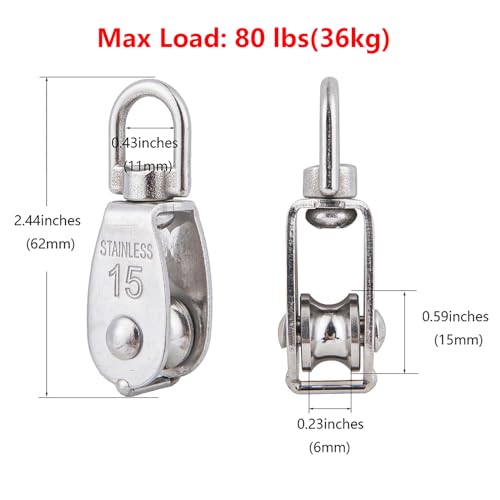 6Pcs 304 Stainless Steel M15 Single Pulley Block, Wire Rope Hanging Wire Towing Wheel, with 6Pcs Spring Snap Hook | 360° anti-twist swivel pulley. For lifting, towing & hanging wire rope on crane/outdoor. Has spring snap hooks for fast fit - size: M15-6pc