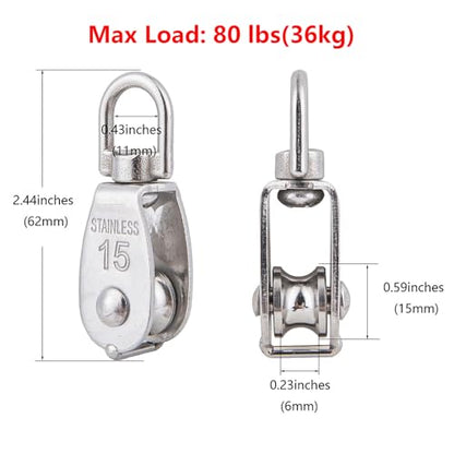 6Pcs 304 Stainless Steel M15 Single Pulley Block, Wire Rope Hanging Wire Towing Wheel, with 6Pcs Spring Snap Hook | 360° anti-twist swivel pulley. For lifting, towing & hanging wire rope on crane/outdoor. Has spring snap hooks for fast fit - size: M15-6pc