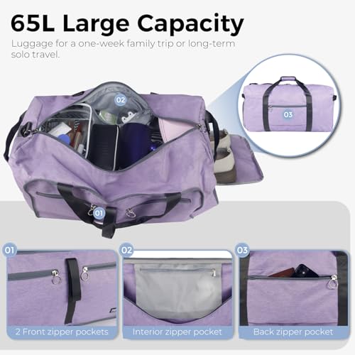 Fmeida 65L Duffle Bag with Shoes Compartment, Foldable Travel Duffel Bags for Men Women, Large Packable Travel Bag Water Repellent & Tear Resistant (Purple) - color: Textured Purple