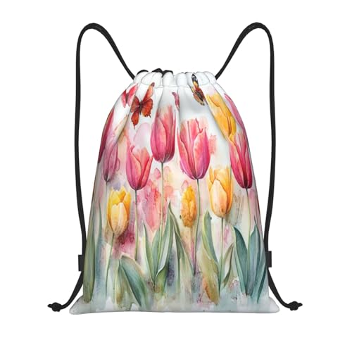 Drawstring Sports Backpacks - Lightweight Swim Gym Bags for Women Men String Sackpack for Beach Travel Yoga(Small, Flower Tulip Butterfly) - color: Flower Tulip Butterfly, size: Small