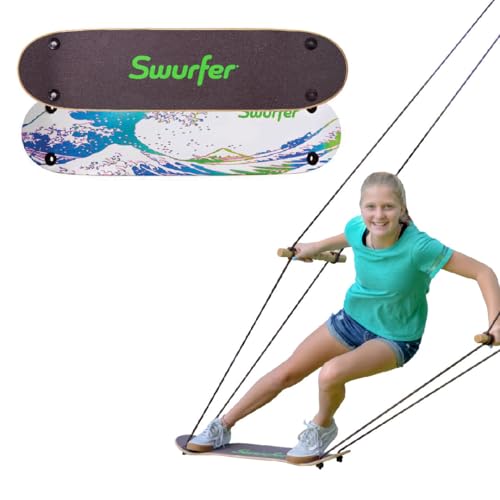 Swurfer TreeSkate Skateboard Swing, Outdoor Stand Up Surf Swing, Holds Up to 200 lbs, Ages 6 and Up, Adjustable Handles, Grip Tape, Kids Outdoor Play Equipment for Children and Adults (Waves) Blue - color: Blue