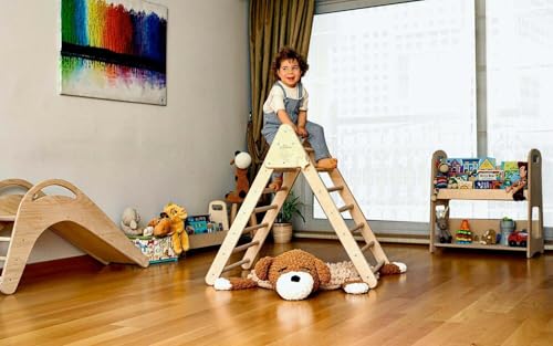 Montessori Climbing Triangle | Wooden Indoor Climbing Frame for Kids & Toddlers | Montessori Climbing Structure | Montessori Play Structure Wooden Activity Triangle (Triangle + Rockwall Ramp) - style: Triangle + Rockwall Ramp