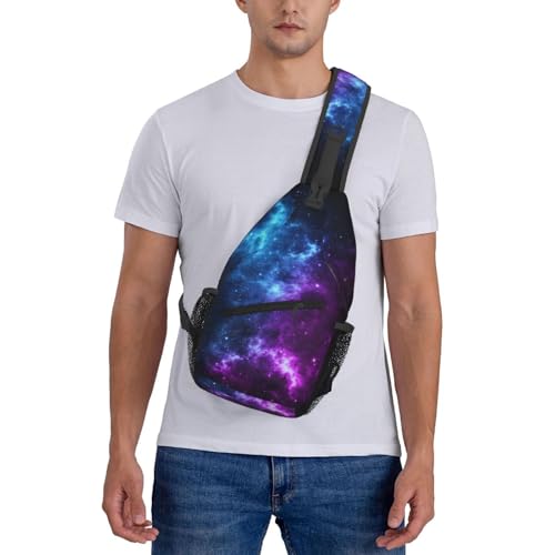 Galaxy Crossbody Sling Bags for Women Men Blue and Purple Galaxy with a Planet and a Moon Space Background Travel Sling Backpack Casual Shoulder Bag Universe Theme Gym Sports Hiking Daypack - color: Blue Purple