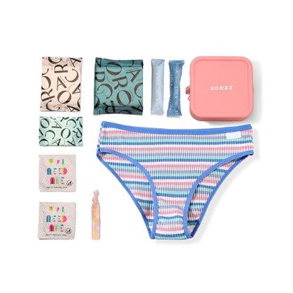 BONKS GoGo Kit - Teen Period Kit for Girls Ages 15-18 (L - XL) - Emergency Travel Hygiene Kit for Young Women - Includes Pads, Tampons, Underwear & More - style: Teen Period Kit L/XL (15-18)