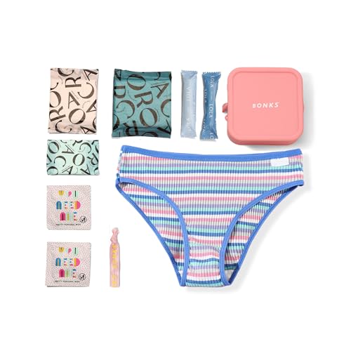 BONKS GoGo Kit - First Period Kit Ages 10-14 (S - M) - Tween Period Starter Kit - Emergency Kit for Girls - Essential Hygiene Kit - Includes Pads, Tampons, Underwear & More - style: Tween Period Kit S/M (10-14)