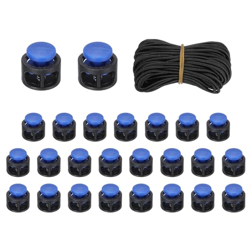 uxcell 25 Pcs Double Hole Cord Locks with 32.8 ft Elastic Cord, 14mm Nylon Spring Toggle Stopper Clip for Backpack Shoelaces Drawstring Paracord Pants, Black Base/Blue - color: Black Base/Blue, size: 14mm