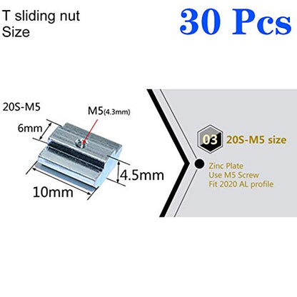 30pcs 2020 Series Sliding T Nuts Metric M5 Thread Slide in Hammer Head T-Nut for Standard 6mm T-Slot Aluminum Extrusion Profile （2020 Series M5） - size: 2020 Series M5