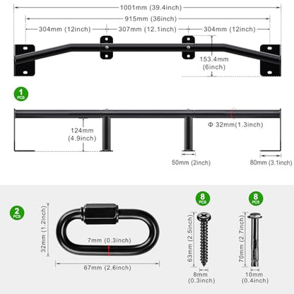 SELEWARE 32"/36" Wall Mount Pull Up Bar Joist Mount Chin Up Bar for Doorway | Heavy Duty Steel Construction Support 450 lb, w/Resistance Band Hooks, Fits 32"/36" Wall Studs for Home Gym Strength Training - size: B: 36" x 1.3" Dia Grip