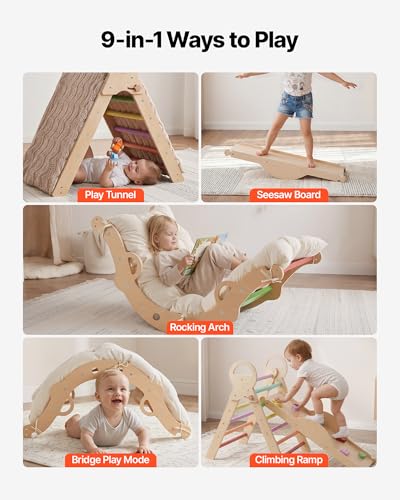 VEVOR Pikler Triangle Set, 9-in-1 Toddler Climbing Toys Indoor, with Xylophone, Cushion, Triangle, Arch, and Ramp, 150 lbs Load, Foldable Montessori Climbing Set for Toddlers and Kids, Rainbow