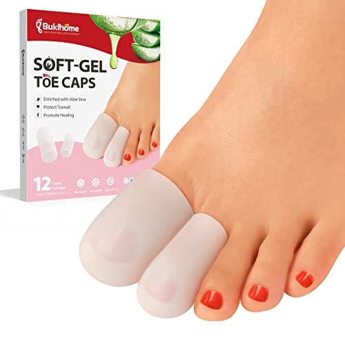 Bukihome Silicone Toe Protectors - 12 Pack Gel Toe Sleeves Toe Protectors - Toe Caps with Aloe Vera Essential Oils - Toe Cushions for Pain Relief, Toe Protection for Corns, Calluses (8L + 4S) - color: Clear, size: Multi-Size