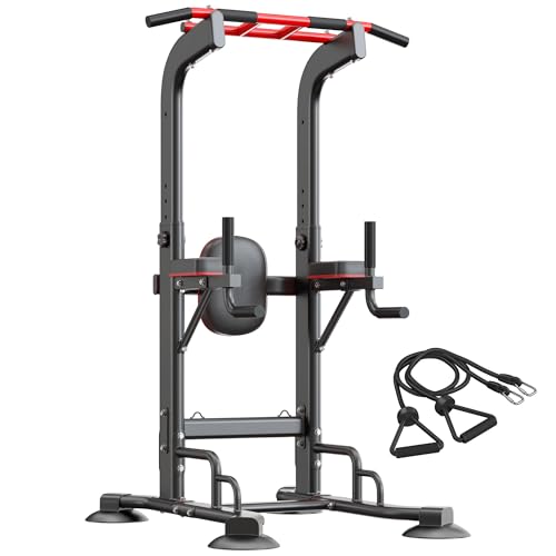 SogesHome Pull Up Bar and Dip Station, Heavy Duty Adjustable Home Gym Equipment for Strength Training, Multifunctional Workout Bar with Resistance Bands – Full Body & Core Exercise - color: Black-Cords