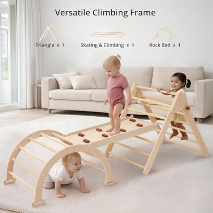 PairPear Foldable Pikler Triangle Climbing Set for Kids, 7 in 1 Montessori Large Wooden Climbing Toys Indoor Jungle Gym with Rocker Arch, Ramp & Slide for Toddlers 18 Months+