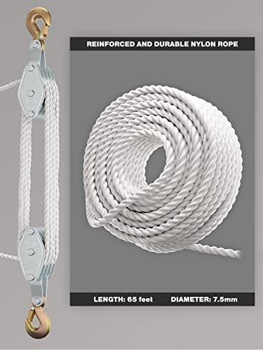 Block and Tackle Pulley System for Lifting Objects - SoB 4000LB Breaking Strength with 65 Feet of 3/8" Rope - 7:1 Lifting Power - Heavy Duty Rope Hoist Pulley System for Garage Warehouse Construction