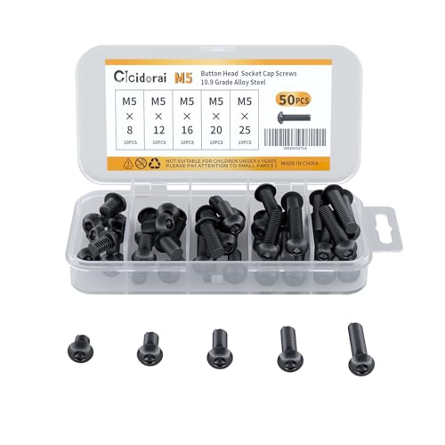 M5 x 8mm 12mm 16mm 20mm 25mm Button Head Socket Cap Screws Bolts, 10.9 Grade Alloy Steel, Metric Allen Hex Drive, Black Oxide Finish, Fully Threaded, Assortment Kit 50Pcs - size: Button Head M5x8, 12, 16, 20, 25mm(50pcs)