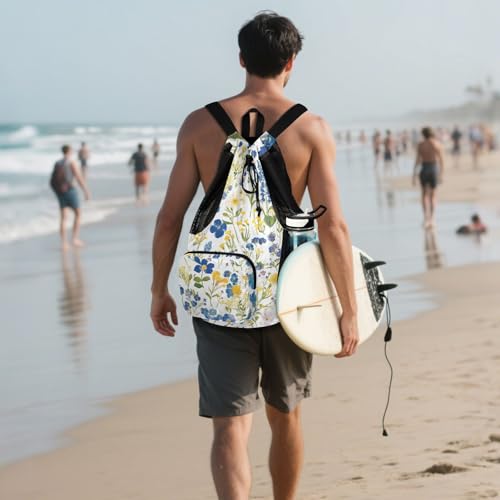 Drawstring Climbing Gym Bag With Water Bottle Pocket Women Mens Drawstring Backpack with Wet Dry Compartments Watercolor Colorful Floral Pattern
