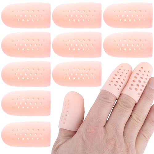 PAGOW 10pcs Gel Finger Cots/Covers, Silicone Finger Protector Support, Finger Caps Finger Sleeves Thumb Protector for Finger Cracking Trigger Finger Arthritis Pain Relief (Beige, Small) - color: [Breathable] Beige, 10 Small