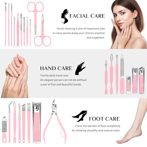 MINKINH 26-Piece Manicure Set for Women, Pink At-Home Nail Care Kit | Carbon Steel Nail Clippers, 410 Stainless Steel Tools, PU Organizer Case for Pedicure, Cuticle, Facial and Daily Self-Care - color: Pink