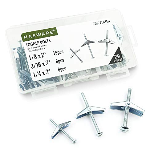 HASWARE Toggle Bolt 29 Pcs Zinc Plated Steel 1/8",3/16",1/4" and Wing Nut Assortment Kit for Hanging Heavy Items on Drywall - size: 3 Size Kit (29 Pack)