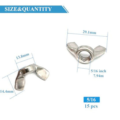 15 Pcs 5/16"-18 Wingnuts 304 Stainless Steel Wing Nuts Fasteners Parts Butterfly Nut, Hand Twist Tighten Hardware Nuts Butterfly Wing-Nut - size: 5/16"-18 - 304 Stainless Steel - 15 Pcs