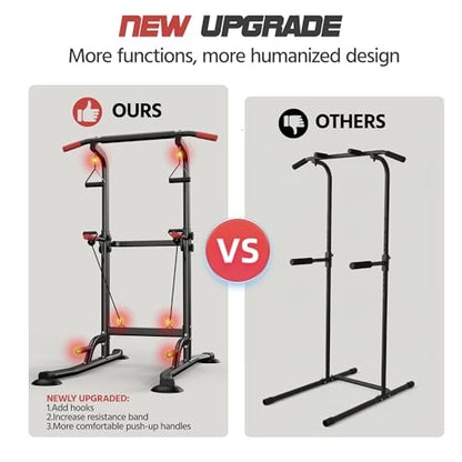 Power Tower Pull Up Bar Free standing with Resistance Bands, 350LBS Heavy Duty Alloy Steel Dip Station for Home Gym Strength Training, Adjustable Height Workout Equipment