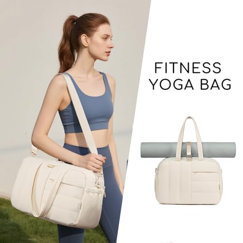 CAMTOP Gym Bag for Women with Yoga Mat Holder, Small Duffle Bag 16 Inches Personal Item Travel Bag with Muiti-Pockets Lightweight Carry on Water Resistant, Beige