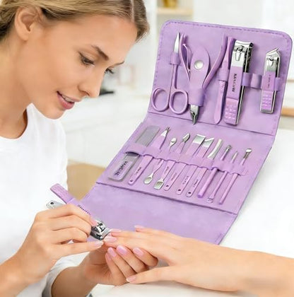 16pcs Stainless Steel Nail Care Tools Grooming Kit | Nail Clipper Set,Manicure and Pedicure kit,Luxurious Travel Case nail clippers Thick Nails Men Women Gift