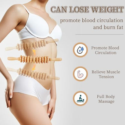 Liitrton Wooden Massage Roller for Legs, Curved Massage Roller Stick | Smooth Body Roller, Wood Therapy Massage Tools for Trigger Points Relief, Sore Muscle Recovery - color: Curved-11-wheel