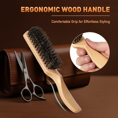 Boar Bristle Hair Brush for Men - Slick Back Hair Brush - Mens Hairbrush with Stiff Bristles & Wooden Handle, for Thick, Fine & Normal Hair Smoothing Styling Adding Shine, Beard Mustache Brush Comb