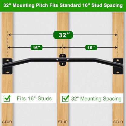 SELEWARE Heavy Duty Wall Mount Pull Up Bar, Joist Mount Chin Up Bar for Doorway, Sturdy Steel Construction, w/Resistance Band Hooks, Fits 32"/36" Wall Studs for Home Gym Strength Training - size: B: 32" x 1.3" Dia Grip