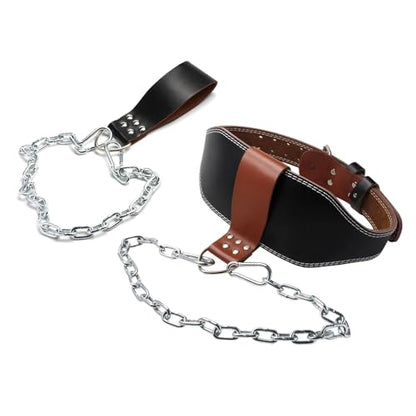 Dumbbell Loading Strap with Iron Chain Waist Belt Dip Attachments PU Leather Weight Lifting Weight Plate Strap Sports Dip - color: brown