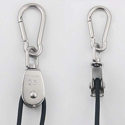 TooTaci 2pcs M25 Crane Pulley Block, Heavy Duty Pulley System for Lifting, 304 Stainless Steel Swivel Hook Single Pulley Wheel with 20M(6mm) Nylon Rope & 2pcs Spring Snap Hook | Heavy Duty Swivel Hook Single Pulley Wheel with 20M(6mm) Nylon Rope & 2pcs Sp