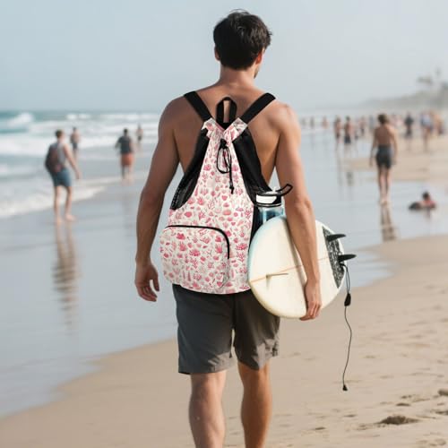 Yuiboo Pink Corals Mens Drawstring Bags Climbing Gym Bag with Inside Pockets Cinch Sacks Dry Wet Separation