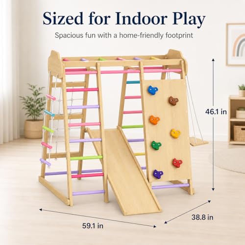 Indoor Playground Jungle Gym Playset, Wooden Pikler Montessori Climber with Slide, Swing, Rope Ladder, Monkey Bars, Climbing Net & Rock Wall, 9-in-1 Toddler Climbing Toy for Kids Indoor Playroom