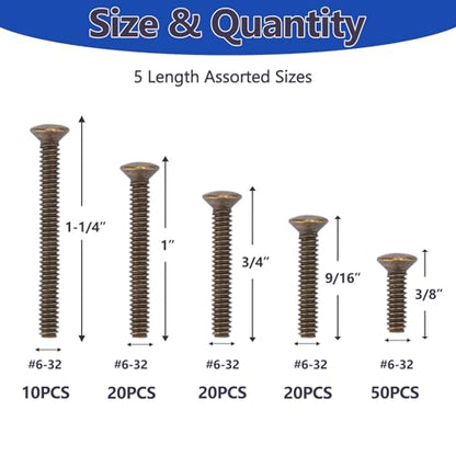 120 pcs Wall Plate Screws, Bronze Outlet Screws 6-32 Thread Light Electrical Cover Panel Switch Plate Screws 5 Length Sizes (3/8", 9/16", 3/4", 1", 1.2") - color: Bronze, size: 3/8", 9/16", 3/4", 1", 1.2"