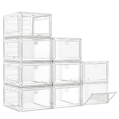 Large Thick Clear Shoe Organizer, Magnetic Door Stackable Shoe Storage Box | Foldable Shoe Storage Boxes for Sneakers & Boots, Space-Saving Closet Shoe Cabinet with Clear Magnetic Door, 9 Pack White - color: White, size: 9 pcs