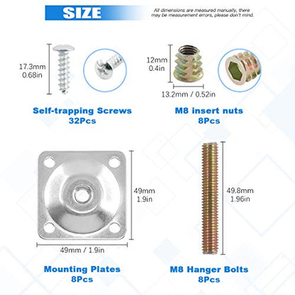 Glarks 8 Sets Sliver Furniture Leg Mounting Plates Set, 8Pcs Leg Attachment Plates with 40pcs 5/16" Hanger Bolts Screws for Furniture Sofa Couches Seats