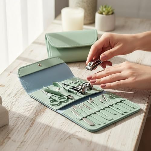 Nail Kit Clippers Pedicure Tools for Feet-Professional Travel Nail Kit 16pcs Grooming Kit Portable Case - color: 16 Green Items