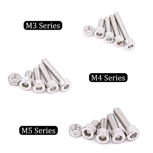 Hilitchi 510pcs M3 M4 M5 Stainless Steel Hex Socket Head Cap Bolts Screws Nuts Assortment Kit - 304 Stainless Steel (Hex Socket) - style: Hex Socket
