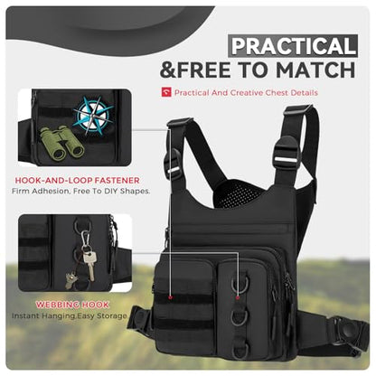 Criuage Tactical Chest Bag for Men, Lightweight Adjustable Running Vest, Water Resistant EDC Chest Pack with Water Bottle Pocket, Breathable Back Pad for Hiking Cycling Fishing Travel (Black) - color: Black