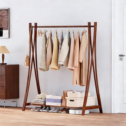 Wooden Retail Display Hanging Clothes Rack with Storage Shelf, 52" W x 57" H Freestanding Heavy Duty Clothing Drying Garment Rack for Hanging Clothes, Coat, Dress, Shirt, Hat - size: 52"W - Walnut