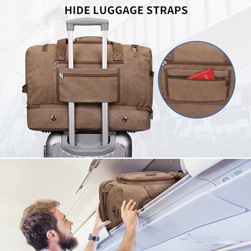 WITZMAN Duffle Bag for Men 50L Travel Canvas Weekender with Toiletry Bag | With Shoe Compartment and Dry-wet Pocket, Convertible, Carry On, One Duffel for Gym, Sports, Overnight, A8010/2 Brown - color: Brown